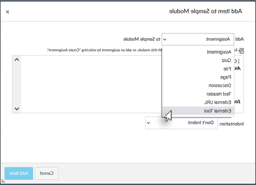 Dialog showing dropdown of items you can add to your course, including external tool